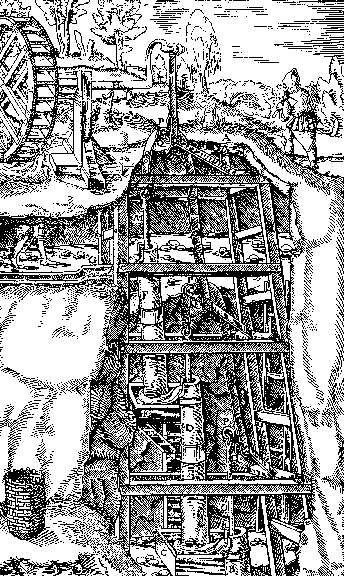 Agricola 1556, p. 185:  A multiple-stage piston pump driven by waterwheel.