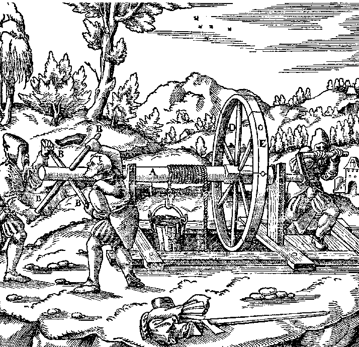 Agricola 1556, p. 162:  A deep-shaft lifting machine, with flywheel