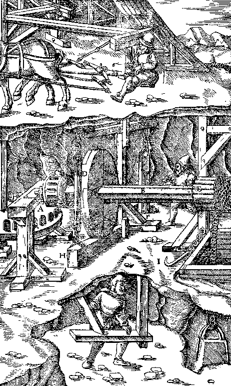 Agricola 1556, p. 167:
     A deep-shaft, chain lifting machine, horsedrawn, with flywheel.
