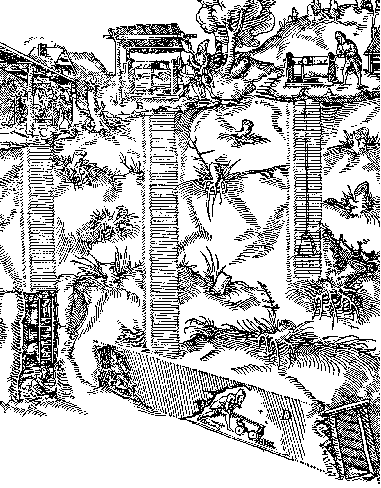 Agricola 1556, p. 103:  Various arrangements of mine shafts and tunnels.