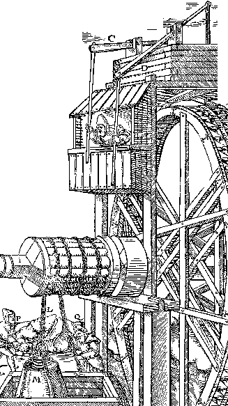 Agricola 1556, p. 199:  A reversible,  waterwheel driven lifting machine.